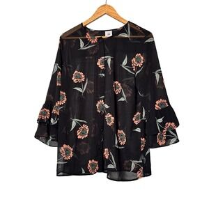 CABI Black Floral Sheer Bell Sleeve Button Front Blouse Top Womens Medium